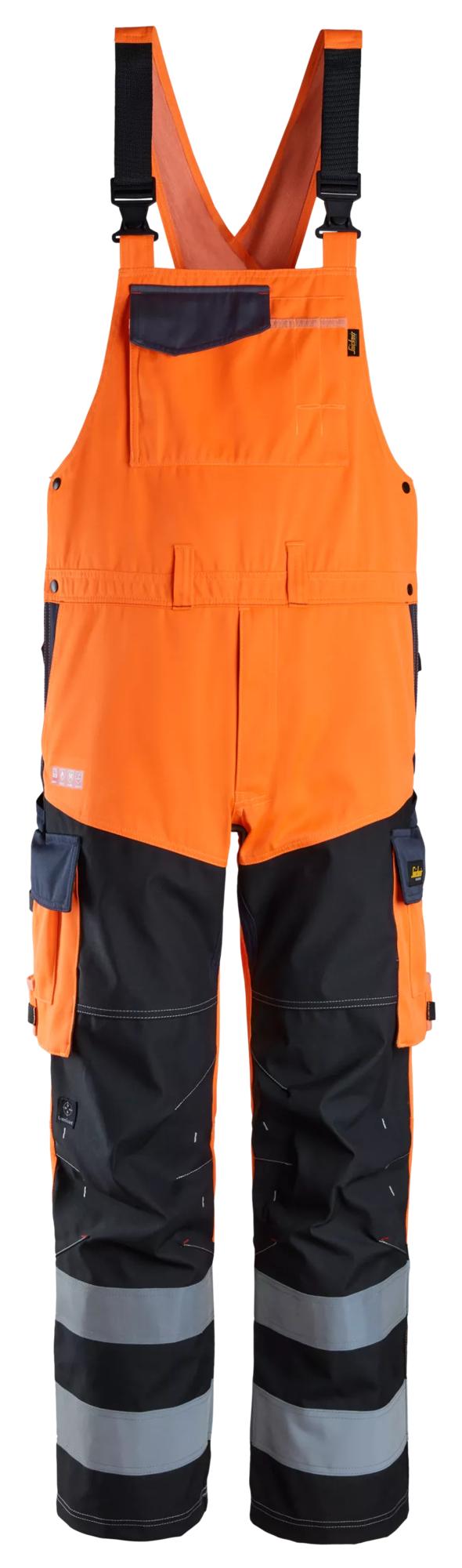 Snickers ProtecWork, Bib & Brace Trousers Reinforced Front of Leg, High-Vis Class 2