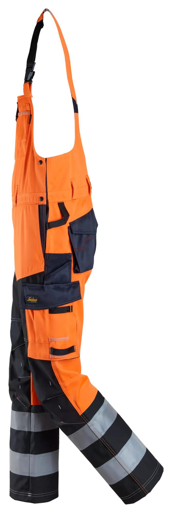 Snickers ProtecWork, Bib & Brace Trousers Reinforced Front of Leg, High-Vis Class 2